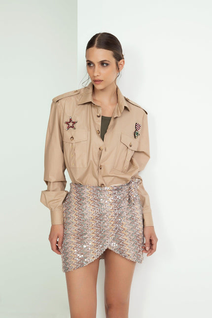 CAMICIA SAFARI MILITARE APPLICAZIONE STELLE E PATCH IN COTONE