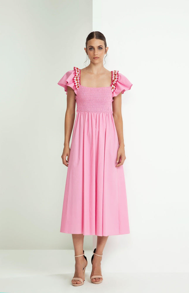 ABITO ROSA MIDI IN FRESCO COTONE PUNTO SMOCK E CORPETTO