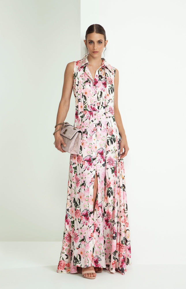 ABITO LUNGO CHEMISIER GONNA A RUOTA STAMPATO IN VISCOSA CON FUSCIACCA E BOTTONI