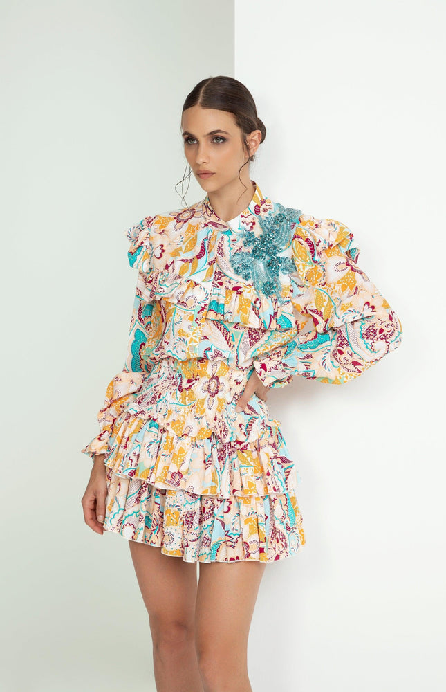 CAMICIA STAMPA MULTICOLOR ROUCHES PATCH GIOIELLLO SULLA SPALLA