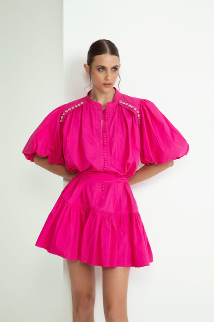 ABITO CORTO MANICHE A PALLONCINO FUCSIA IN COTONE CON CRISTALLI