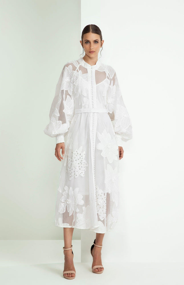 ABITO BIANCO MIDI IN PIZZO COLLO COREANO CON CRISTALLI