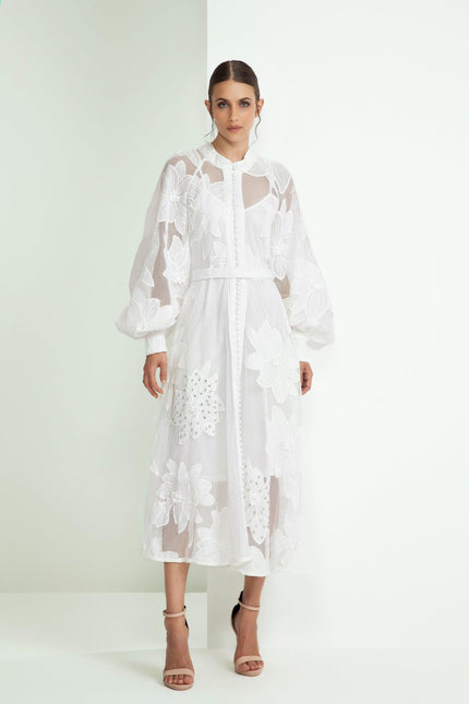 WHITE MIDI LACE DRESS WITH MANDARIN COLLAR AND CRYSTALS