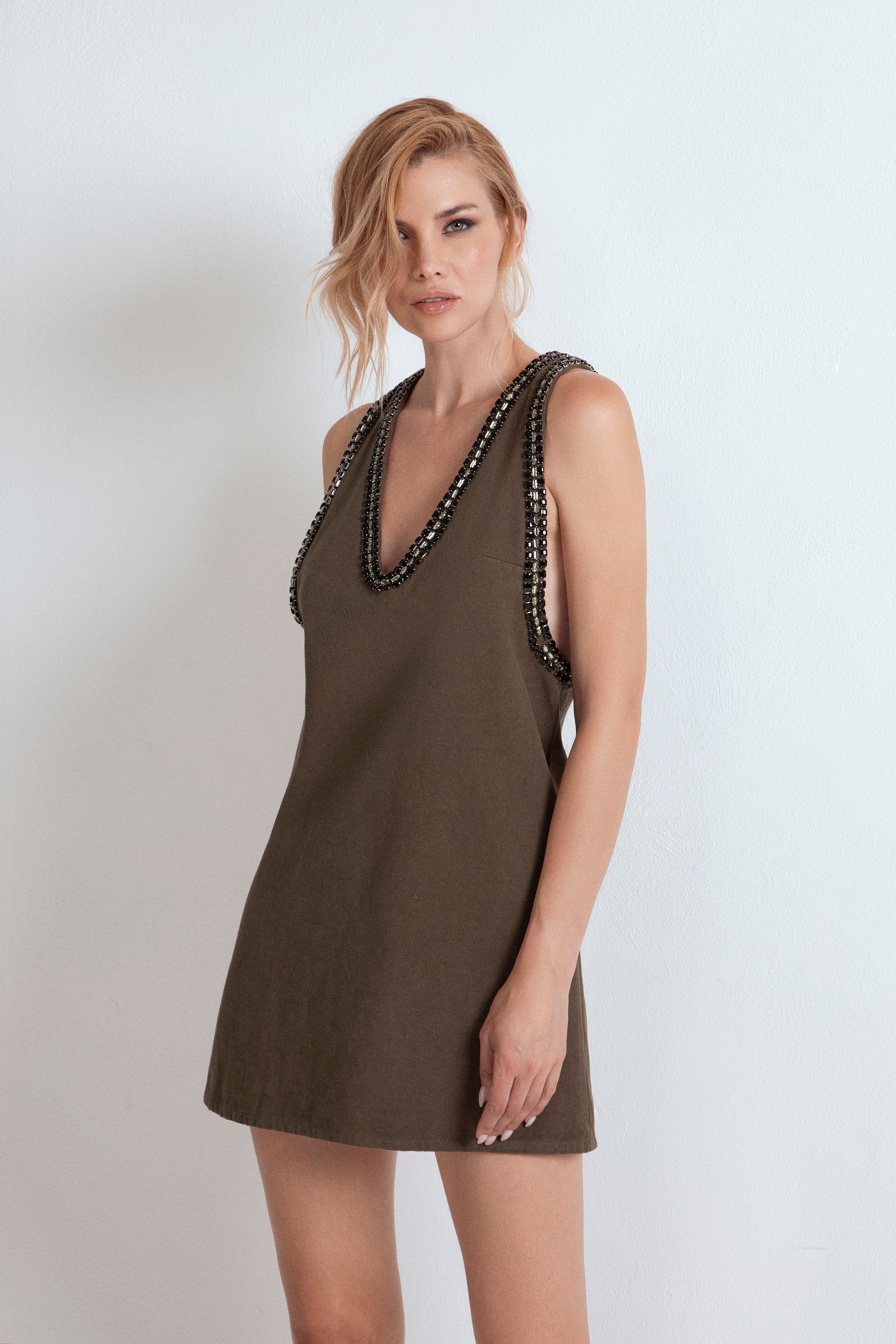 SALOPETTE CHIARA IN DENIM CON CRISTALLI SU PROFILO