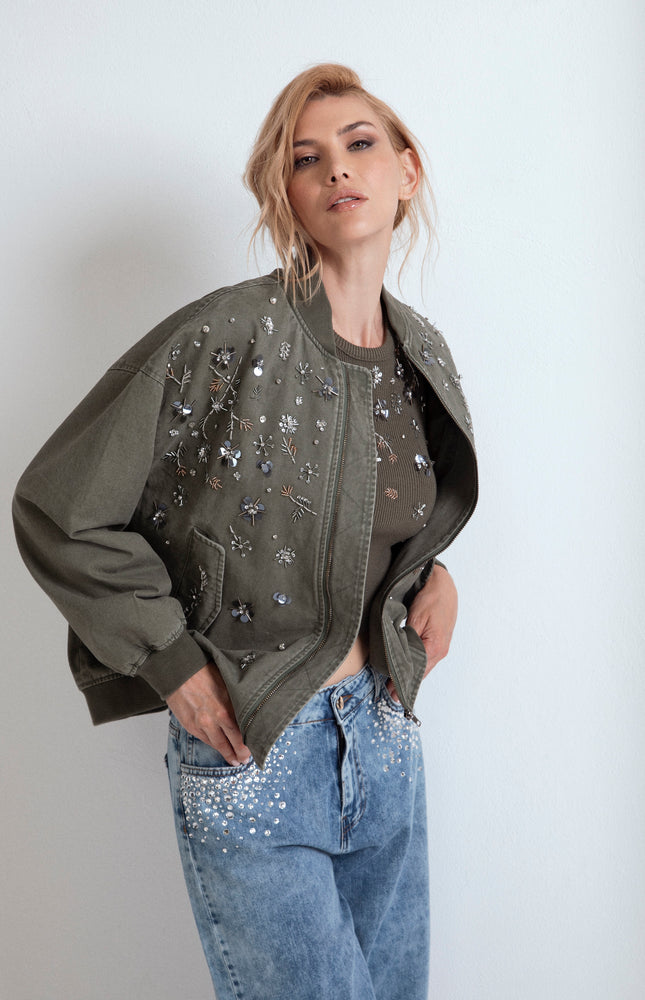 HAND-EMBROIDERED COTTON BOMBER JACKET WITH POCKETS