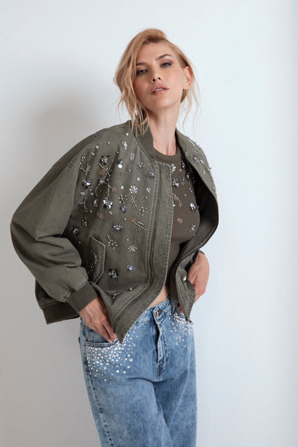BOMBER IN COTONE RICAMATO A MANO