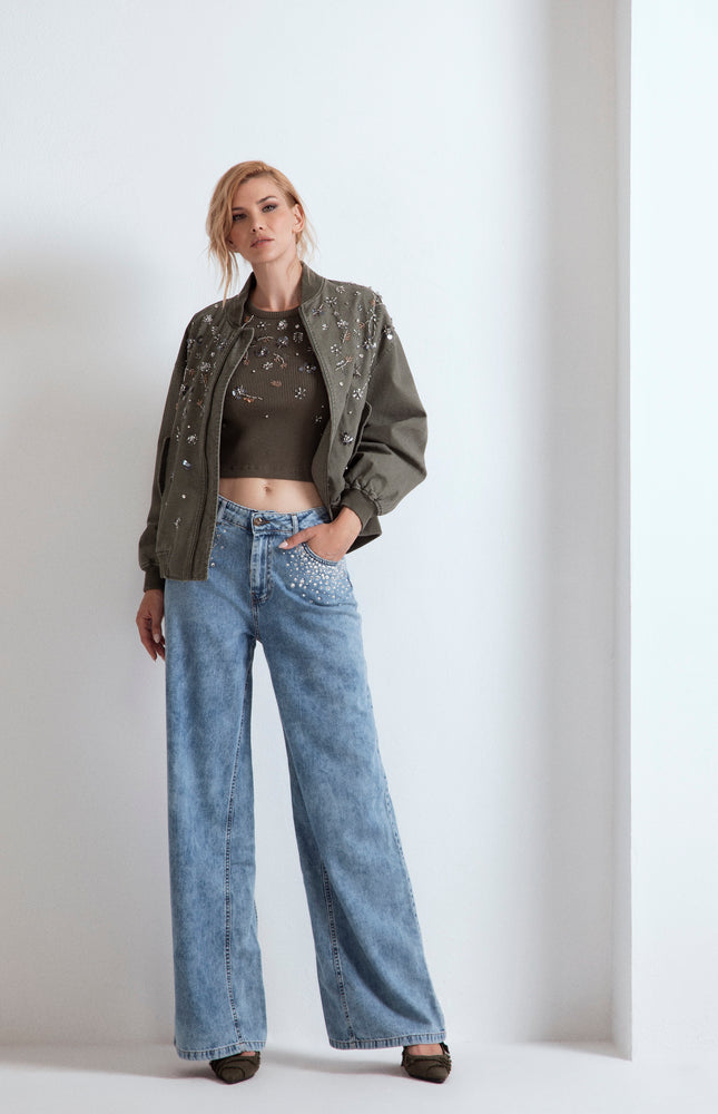 HAND-EMBROIDERED COTTON BOMBER JACKET WITH POCKETS