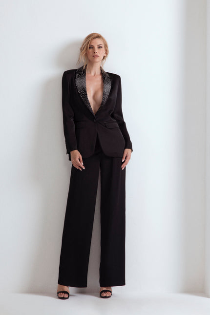 SATIN TUXEDO BLAZER WITH CRYSTALS ON THE LAPEL 
