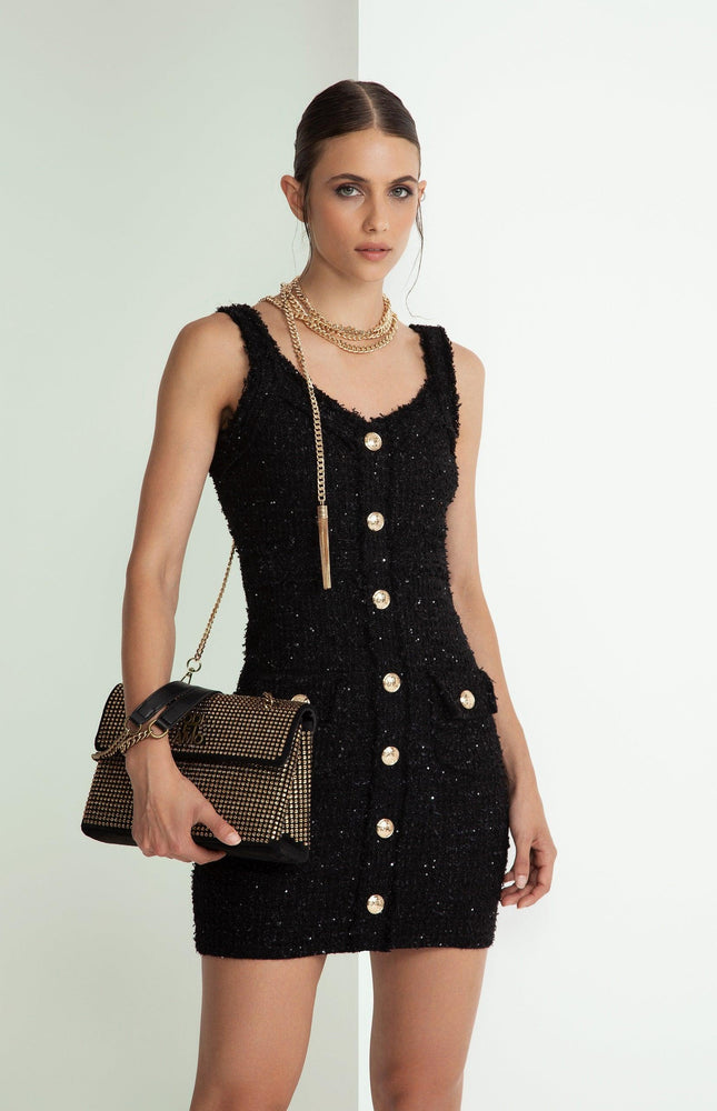 ABITO TUBINO CORTO SMANICATO IN TWEED CON COLLO SQUADRATO