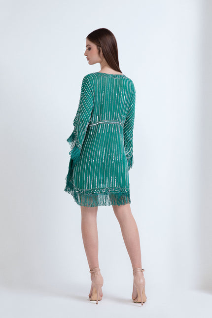 ack view of emerald green mini caftan dress with vertical sequin stripes