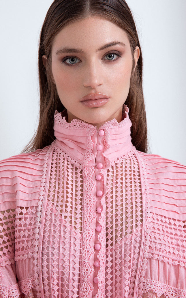 SIENNA DRESS IN HAND-EMBROIDERED COTTON WITH LACE INSERTS