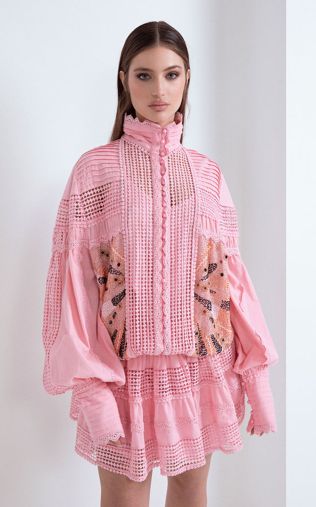 SIENNA DRESS IN HAND-EMBROIDERED COTTON WITH LACE INSERTS