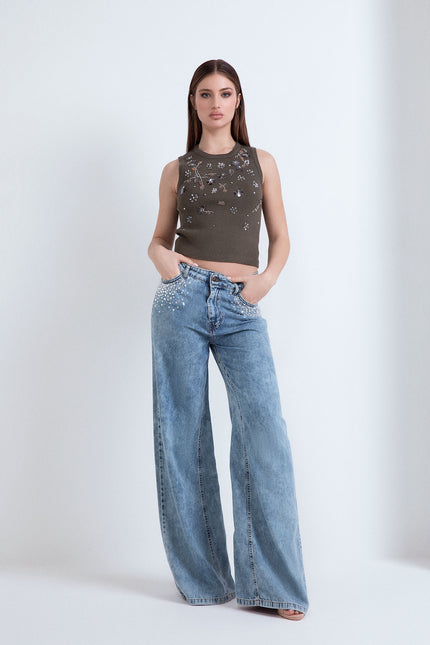 AFRODITE PALAZZO DENIM WITH RHINESTONE ON THE POCKETS