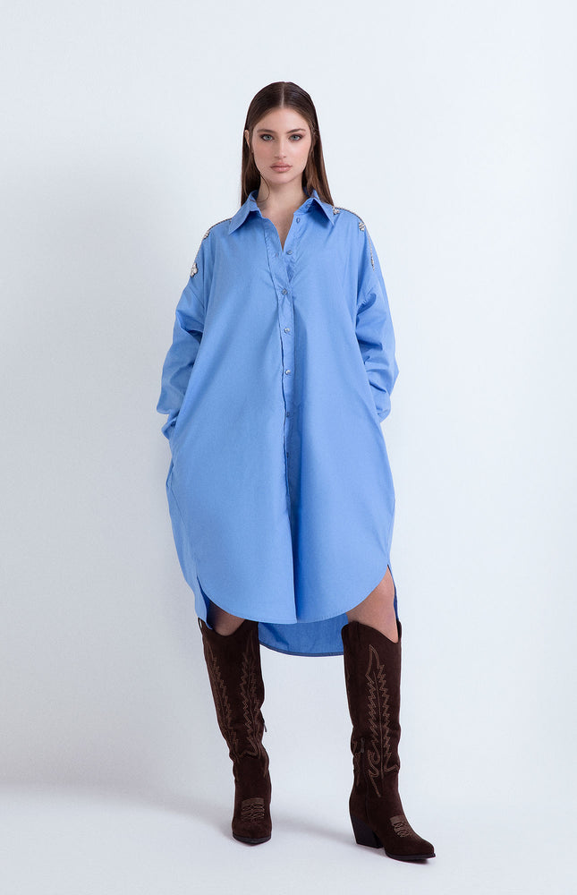 SHIRT DRESS WITH JEWELED SHOULDER APPLIQUÉ