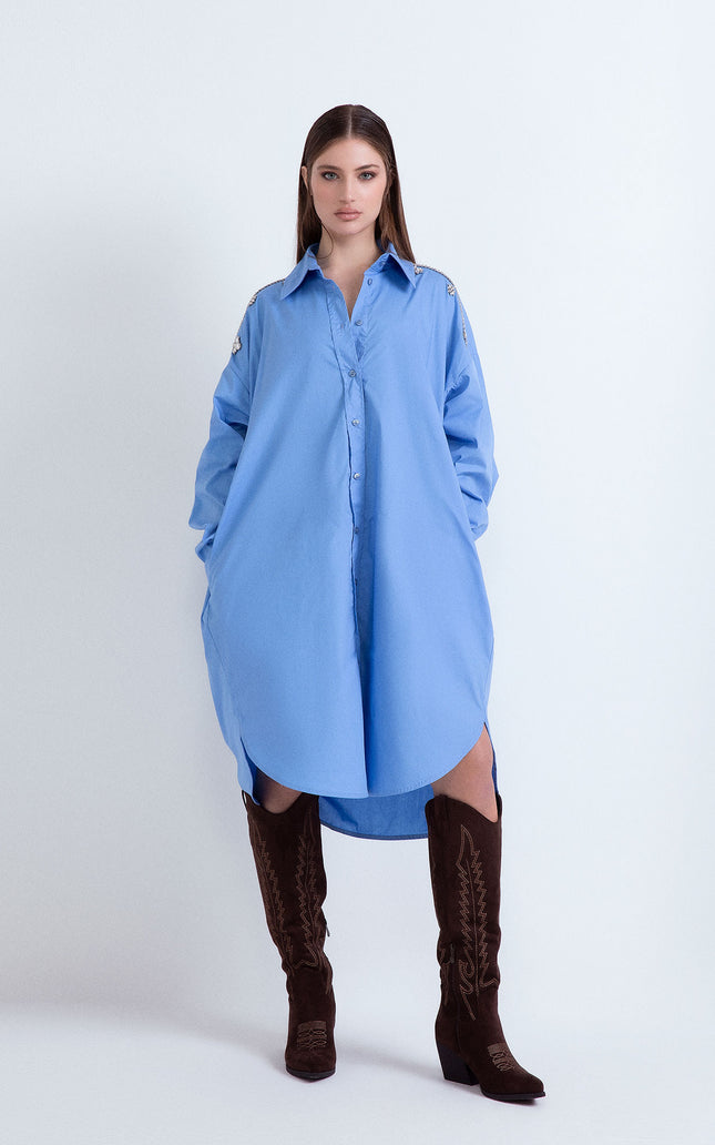 SHIRT DRESS WITH JEWELED SHOULDER APPLIQUÉ