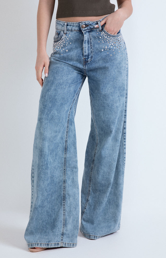 DENIM A PALAZZO AFRODITE CON STRASS SU TASCHE