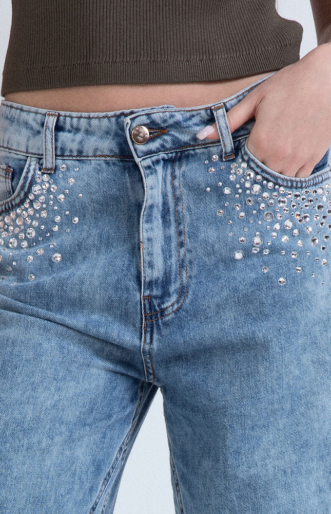 DENIM A PALAZZO AFRODITE CON STRASS SU TASCHE