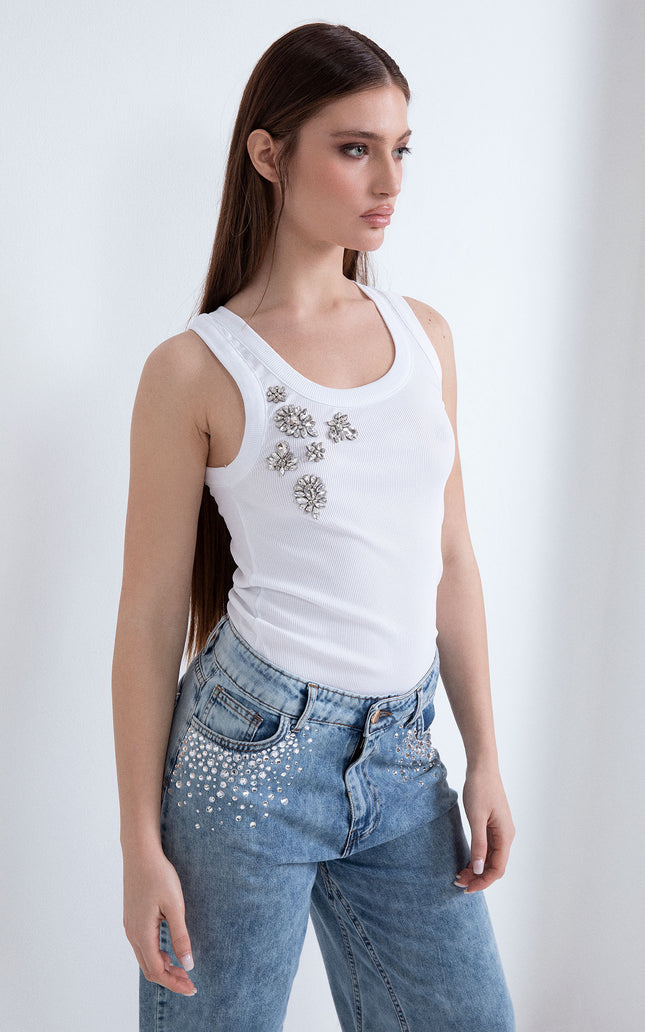 RIBBED TANK TOP WITH WIDE NECKLINE AND CRYSTAL APPLICATION