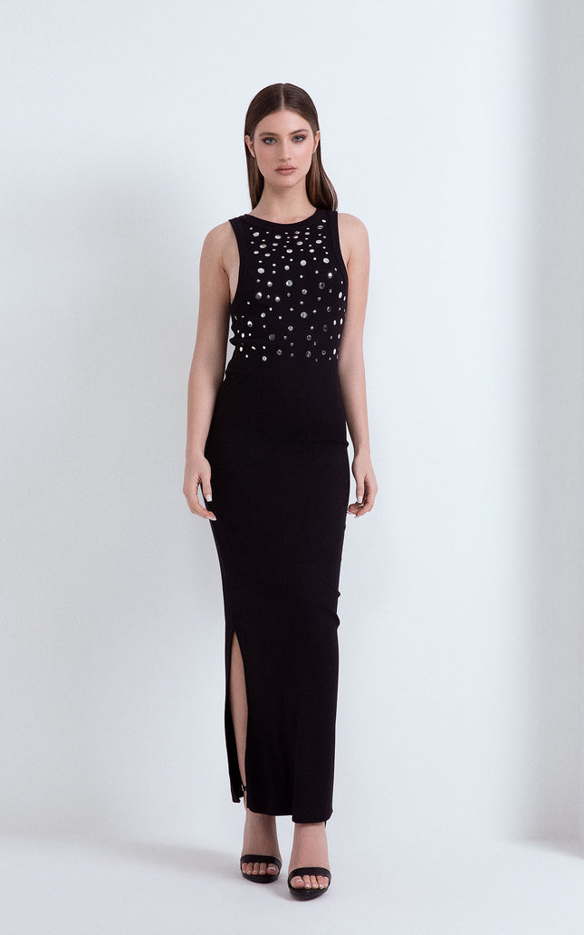 LONG RIBBED DRESS WITH FLAT STUDS 