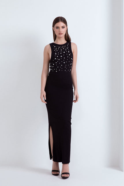 LONG RIBBED DRESS WITH FLAT STUDS 