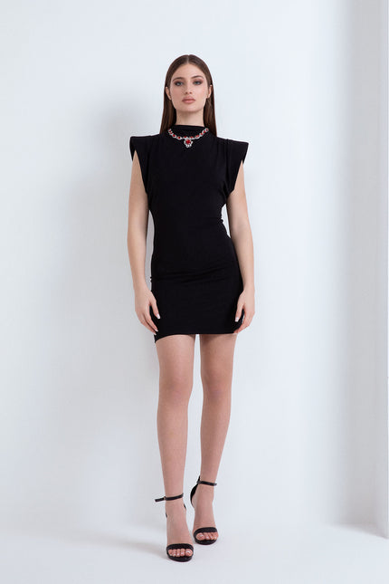 SHORT SHEATH DRESS WITH JEWEL EMBROIDERY ON THE NECK