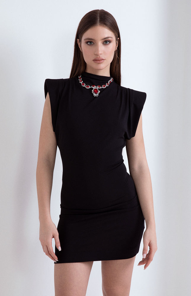 SHORT SHEATH DRESS WITH JEWEL EMBROIDERY ON THE NECK