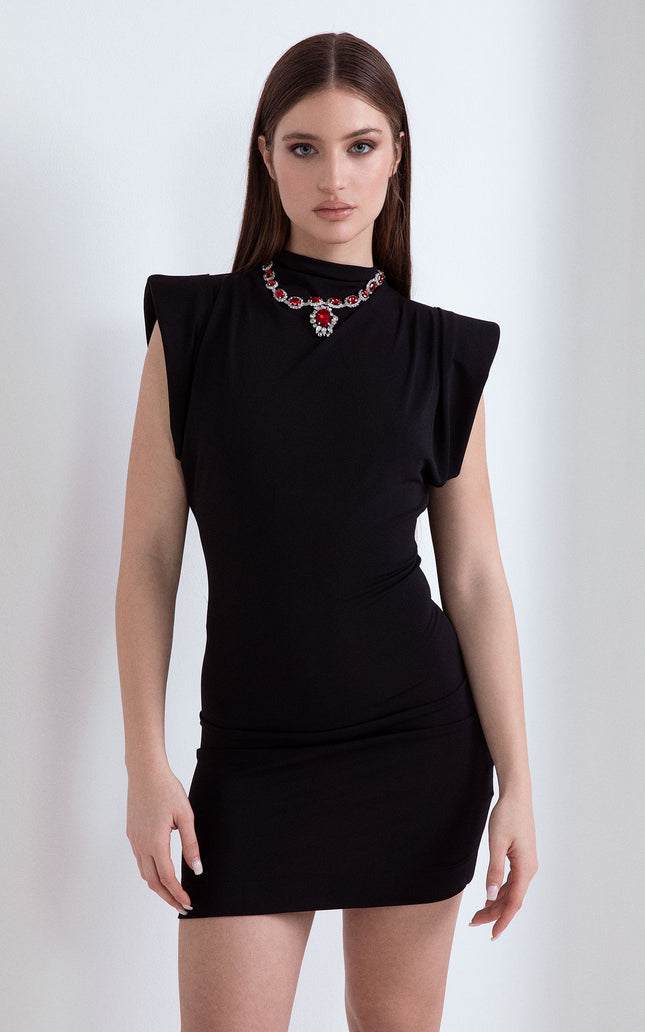 SHORT SHEATH DRESS WITH JEWEL EMBROIDERY ON THE NECK