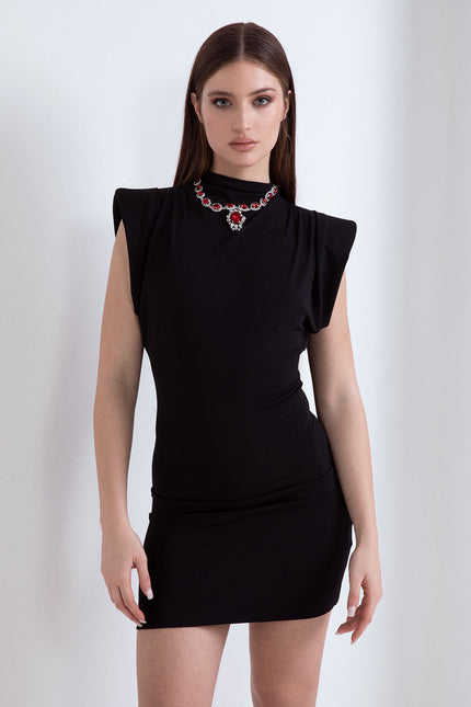 SHORT SHEATH DRESS WITH JEWEL EMBROIDERY ON THE NECK