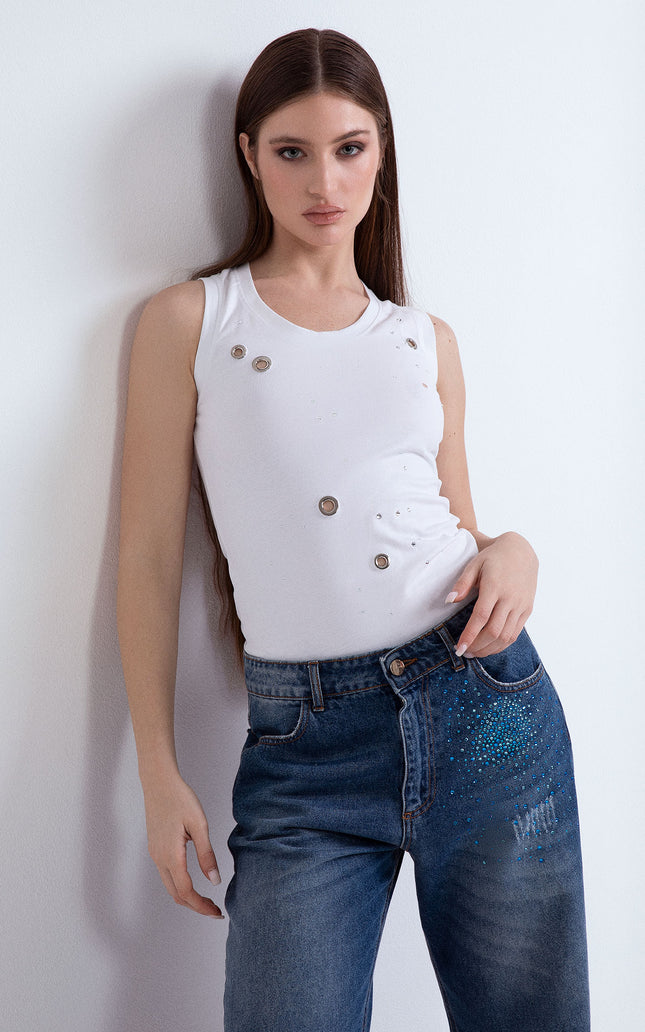 IBIZA COTTON TANK TOP WITH EYELETS AND RHINESTONE 