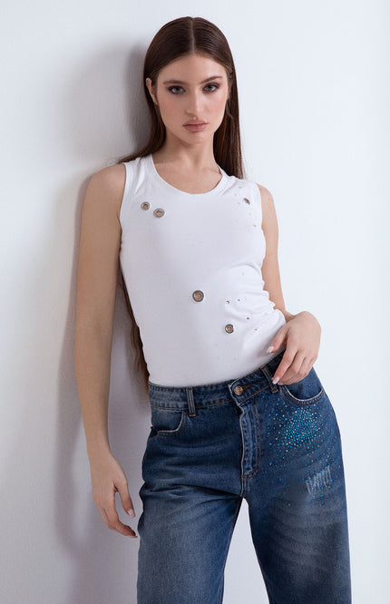IBIZA EYELET AND RHINESTONE TANK TOP