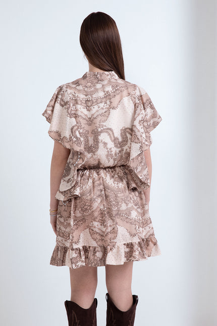 SHORT RUFFLED DRESS WITH EARTH PRINT