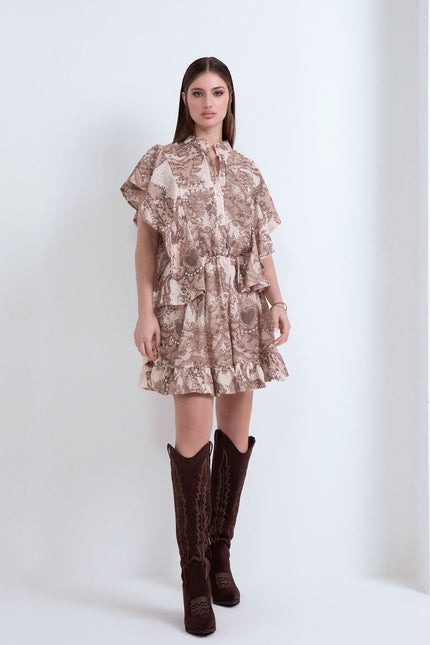 SHORT RUFFLED DRESS WITH EARTH PRINT