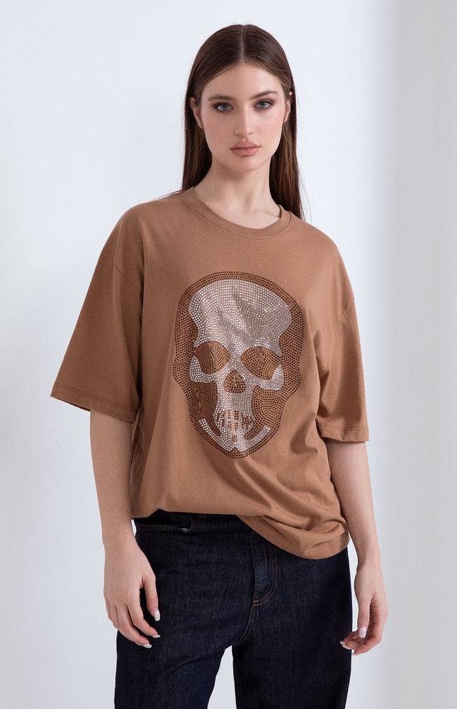 OVERSIZED PARIS COTTON T-SHIRT WITH RHINESTONE SKULL 