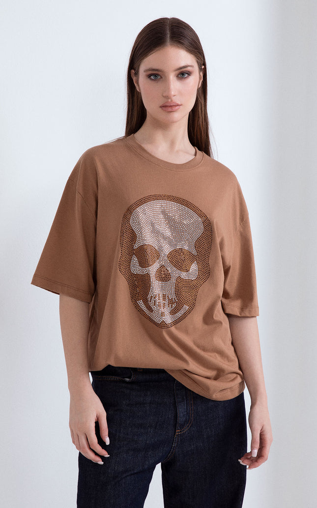 Oversize cotton t-shirt in camel with a rhinestone skull graphic design.