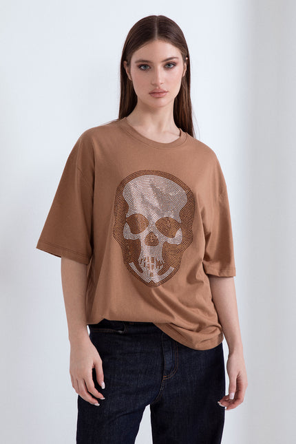 Oversize cotton t-shirt in camel with a rhinestone skull graphic design.