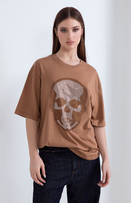 Oversize cotton t-shirt in camel with a rhinestone skull graphic design.