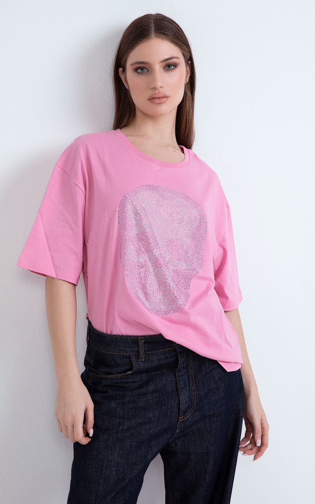 Oversize pink cotton t-shirt featuring a detailed rhinestone skull design.
