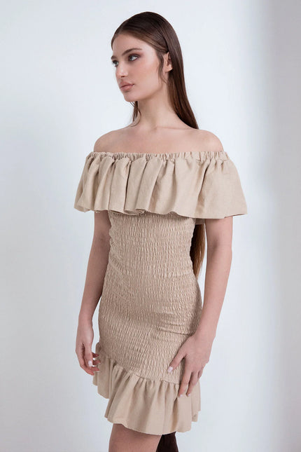 SHORT LINEN DRESS WITH TUXEDO STITCH