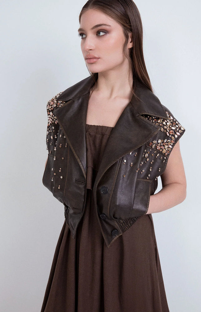 HAND-EMBROIDERED ECO-LEATHER CROP VEST