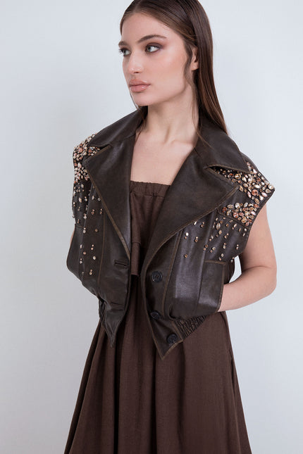 HAND-EMBROIDERED ECO-LEATHER CROP VEST