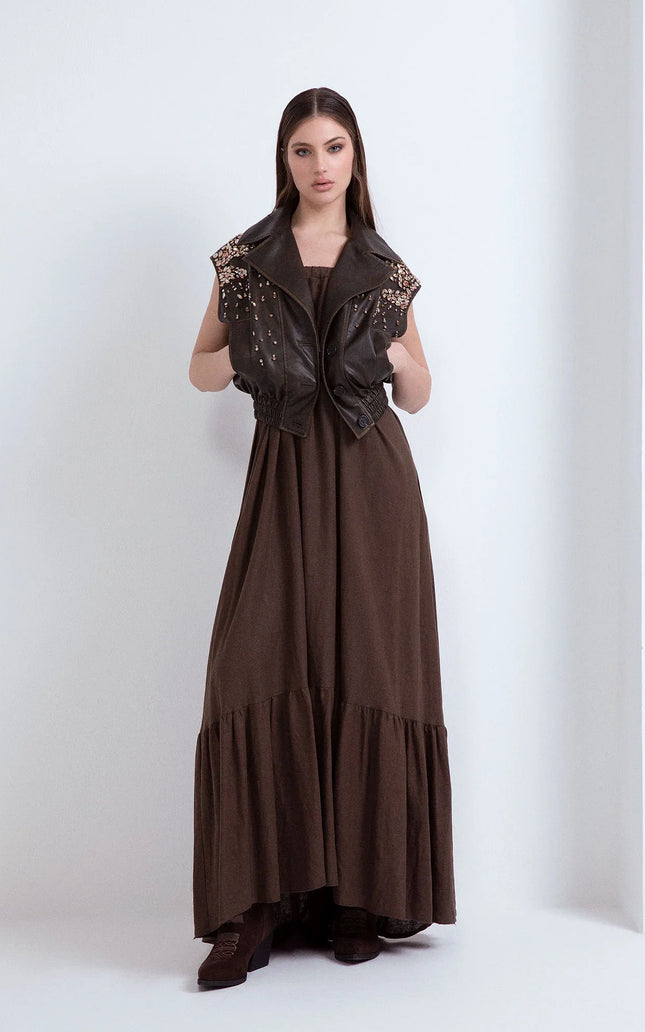 LONG LINEN DRESS WITH RUFFLES