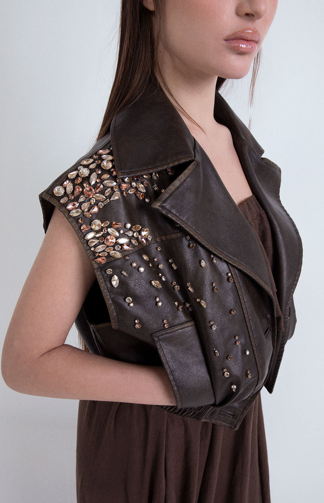 HAND-EMBROIDERED ECO-LEATHER CROP VEST