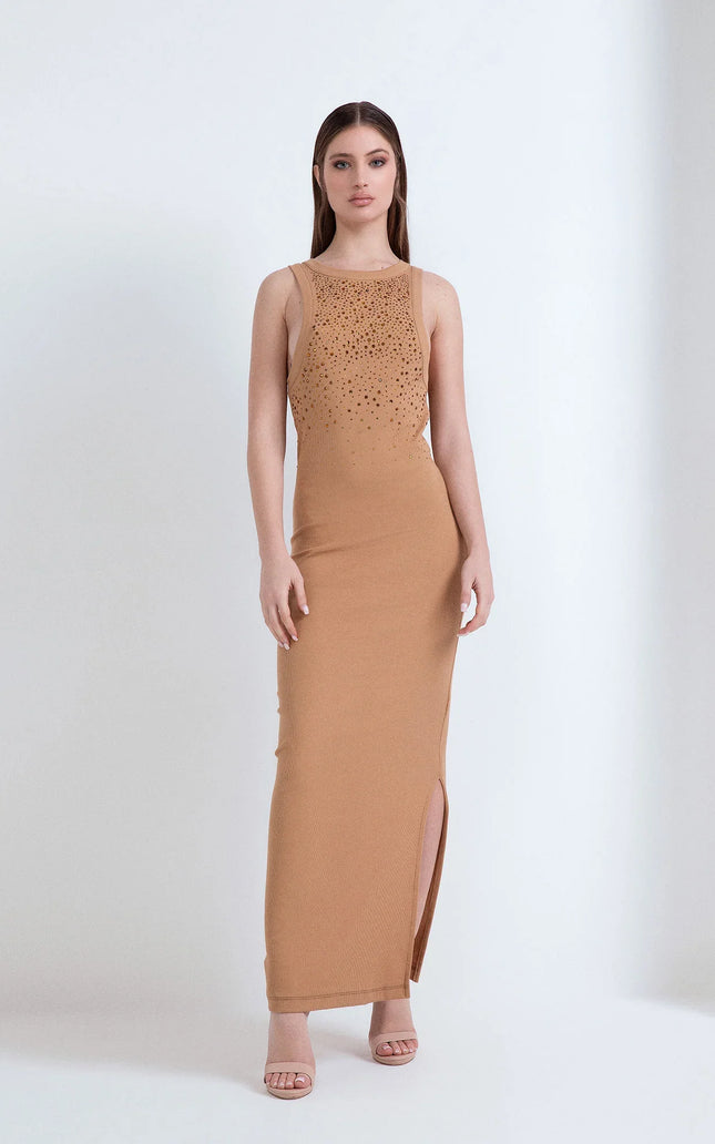 LONG RIBBED DRESS WITH RHINESTONE ON THE FRONT