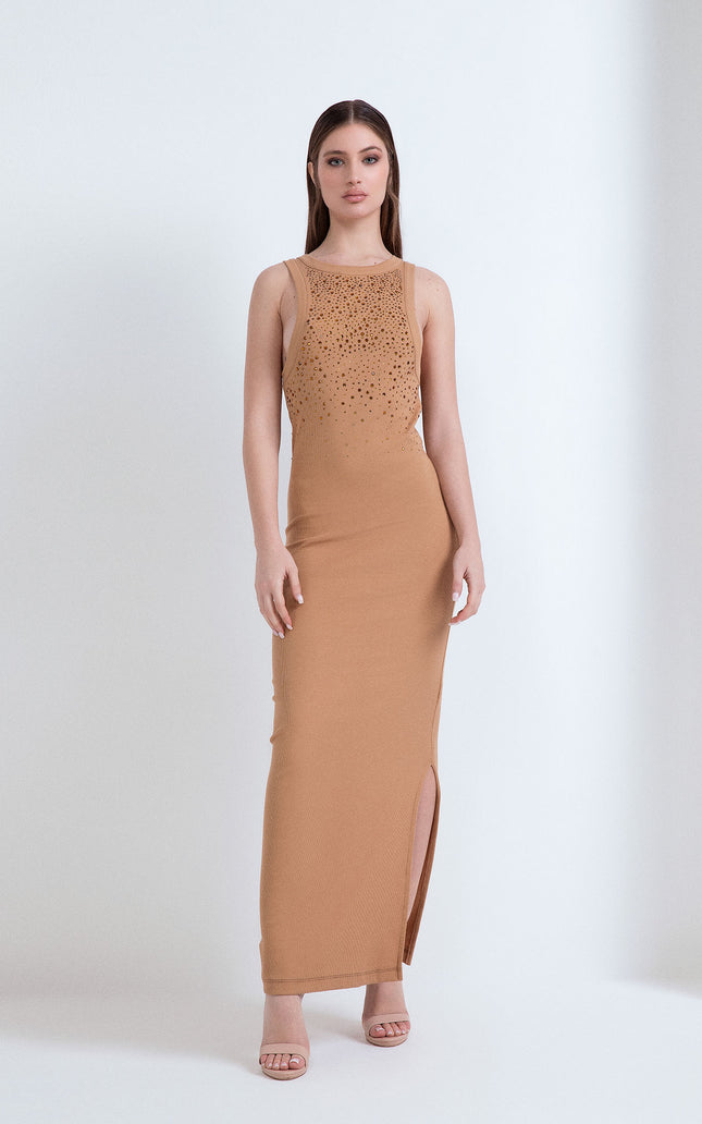 LONG RIBBED DRESS WITH GOLD RHINESTONE RAIN