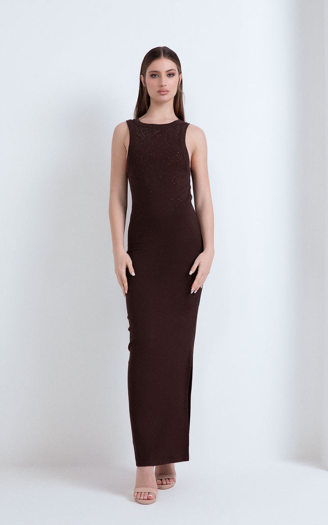 LONG RIBBED DRESS WITH GOLD RHINESTONE RAIN