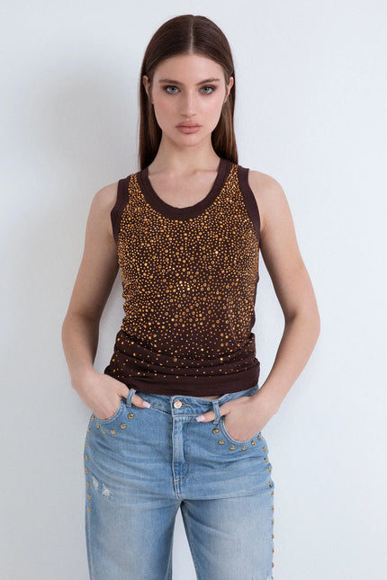 GOLD SLIM FIT TANK TOP WITH RHINESTONE
