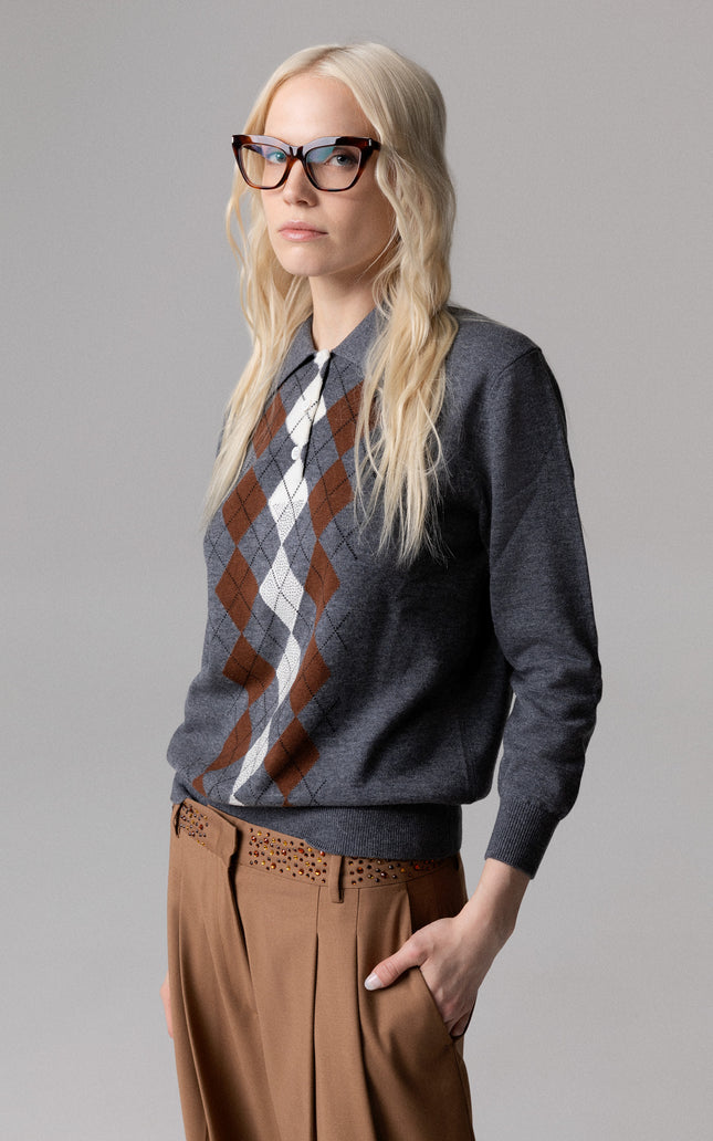 MAGLIA STILE POLO CON INTARSIO ROMBI E STRASS