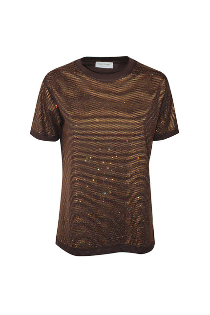 Marrone bianco t-shirt n.y. full strass