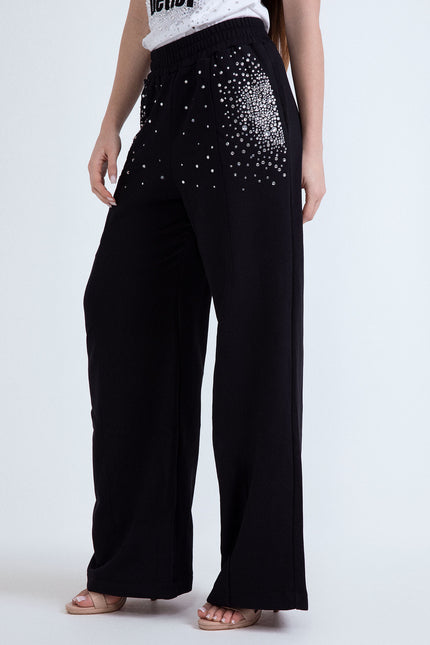 Pantalone nero donna a gamba dritta e larga con dettagli in strass.