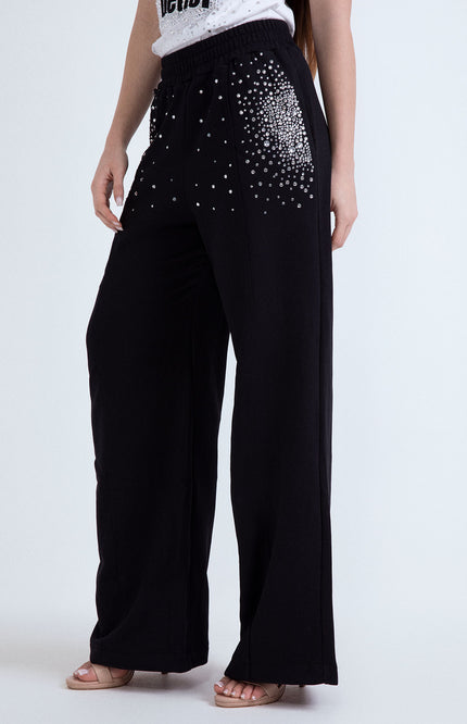 Pantalone nero donna a gamba dritta e larga con dettagli in strass.